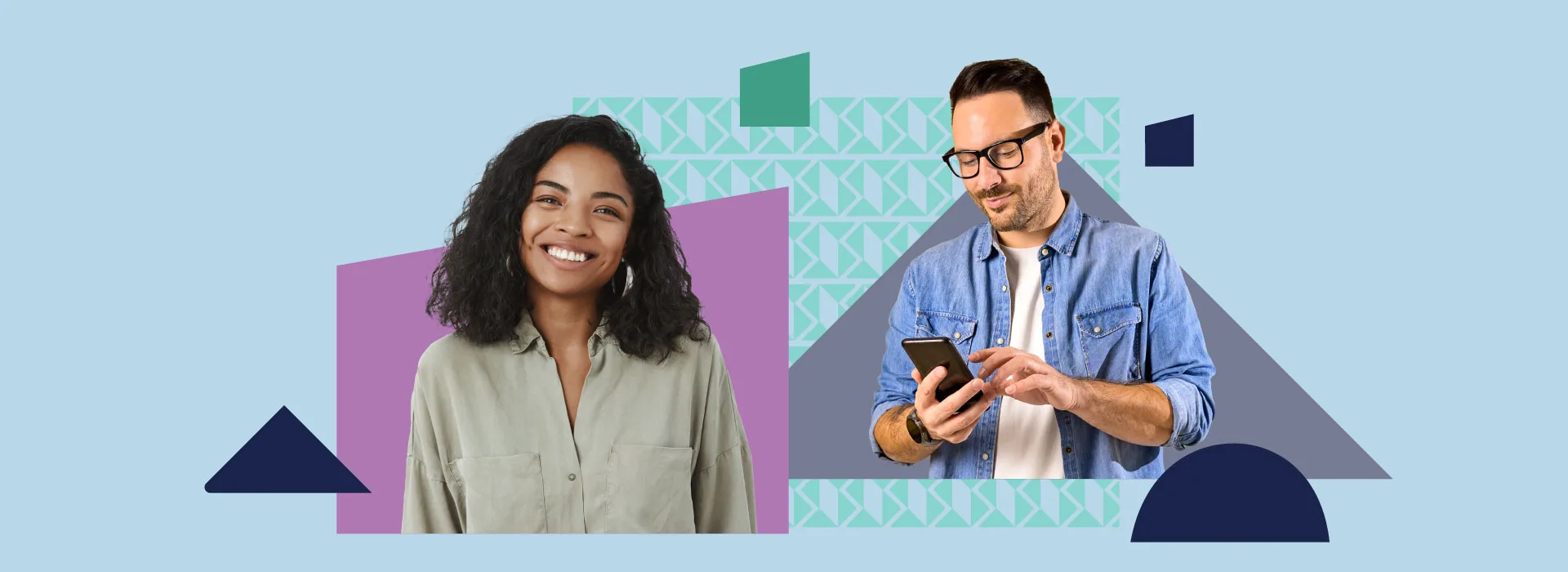 Man on a mobile phone and a woman looking at the camera surrounded by branded shapes