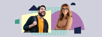 man with beard and woman with glasses surrounded by branded shapes