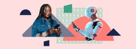 female psychologist on a mobile phone next to an AI robot on a mobile phone